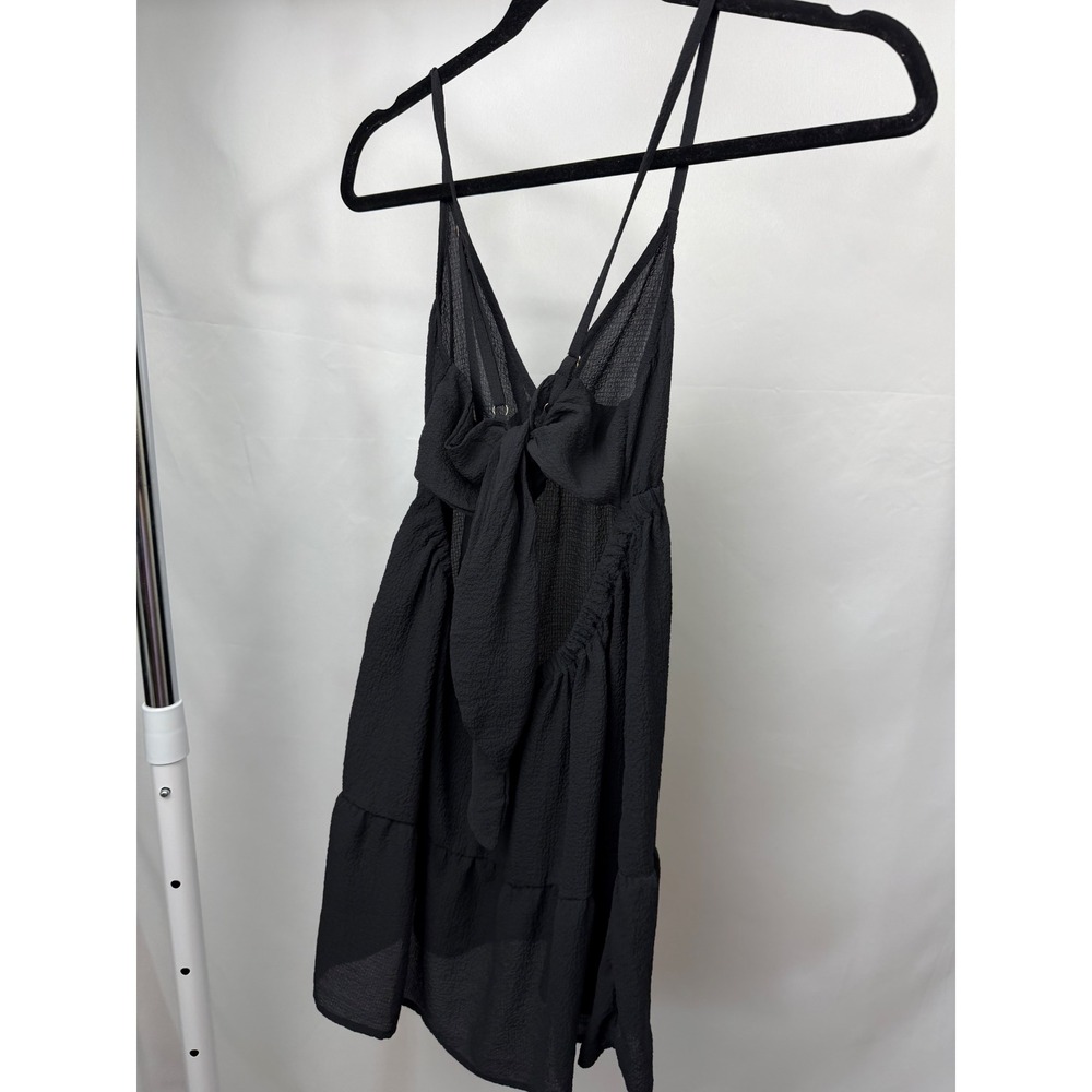 Black Textured Open Back Tie Mini Dress Tiered Ruffle Summer Babydoll
